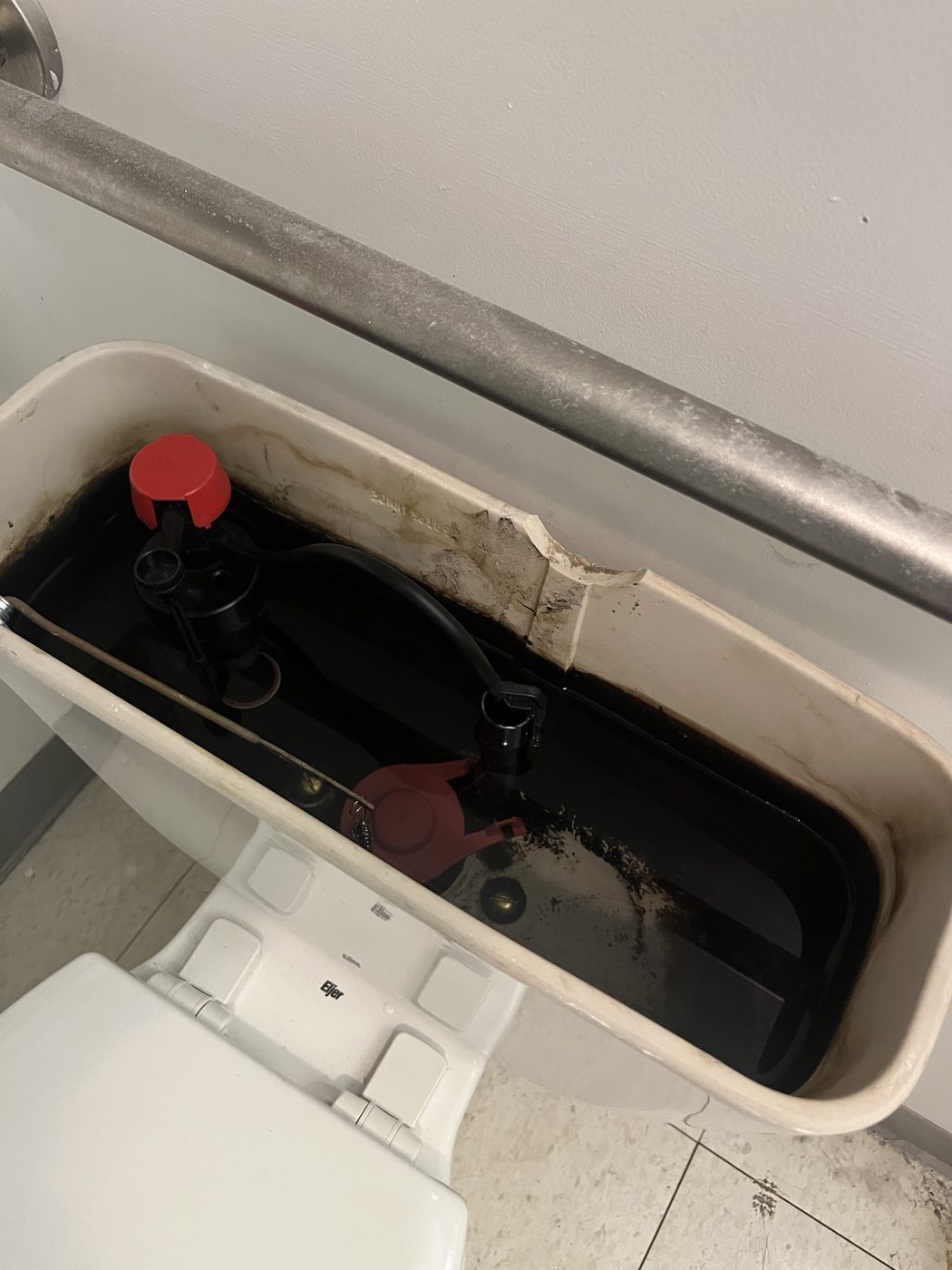 Inside of a toilet tank showing the fill valve and flapper before a rebuild